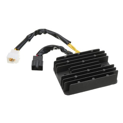 Motorcycle rectifier regulator with black finned heatsink and wiring harness connectors