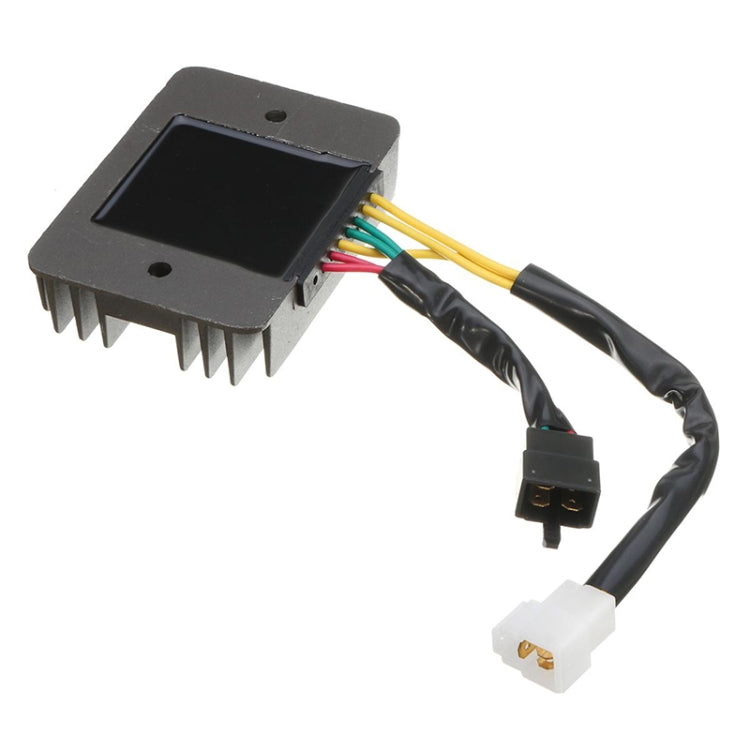 Motorcycle rectifier regulator unit with black heatsink, colored wires, and plug connector