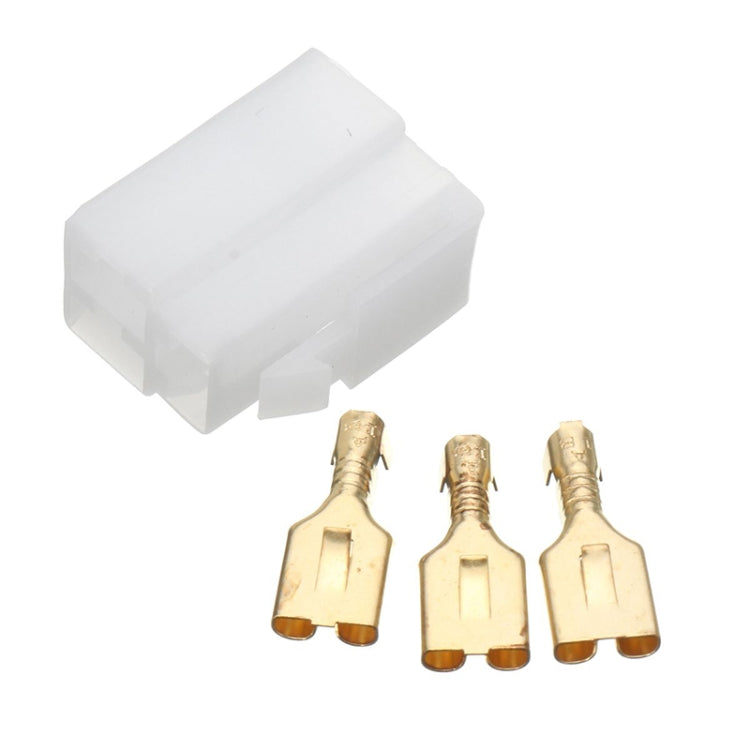 Motorcycle rectifier wiring connector with white plug housing and three gold spade terminals