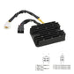 Motorcycle rectifier regulator with black finned heatsink, cable harness, and multi-pin plugs