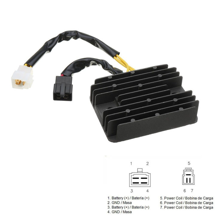 Motorcycle rectifier regulator with black finned heatsink, cable harness, and multi-pin plugs