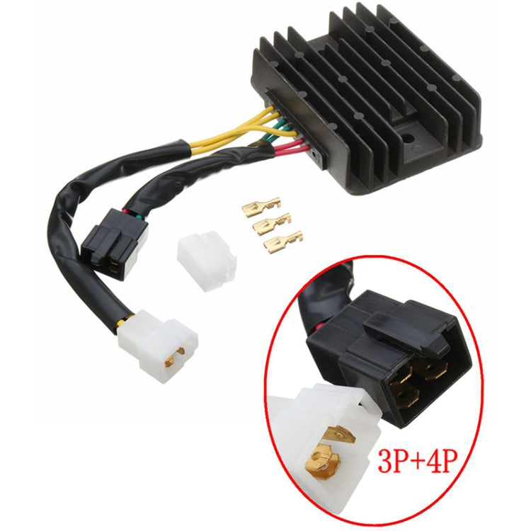 Motorcycle rectifier regulator with connector detail inset labeled 3P+4P