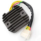 Motorcycle rectifier with angled black heatsink fins and yellow/green/red wiring harness