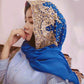 Blue chiffon beaded long headscarf with gold filigree-style embroidery
