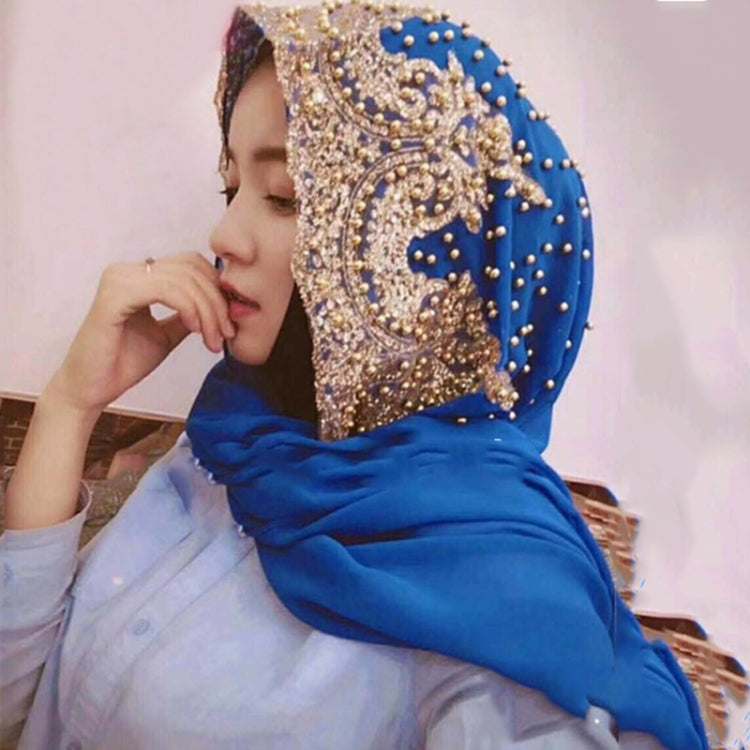 Blue chiffon beaded long headscarf with gold filigree-style embroidery
