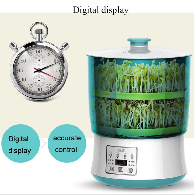 Automatic bean sprout machine with clear teal tank and digital control display