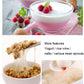Serving bowls with creamy mixture, fruit, and sprout-like strands for bean sprouting