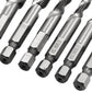 Close-up of HSS hex-shank tap and chamfer bits showing stamped size markings