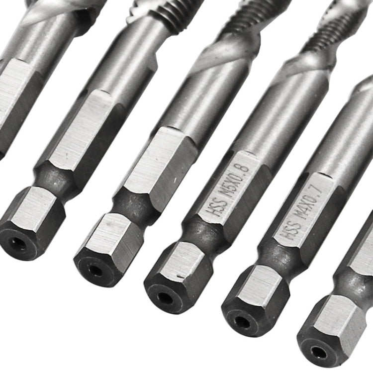 Close-up of HSS hex-shank tap and chamfer bits showing stamped size markings