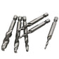 6-piece HSS tap and chamfer bit set with hex shanks, tools laid out