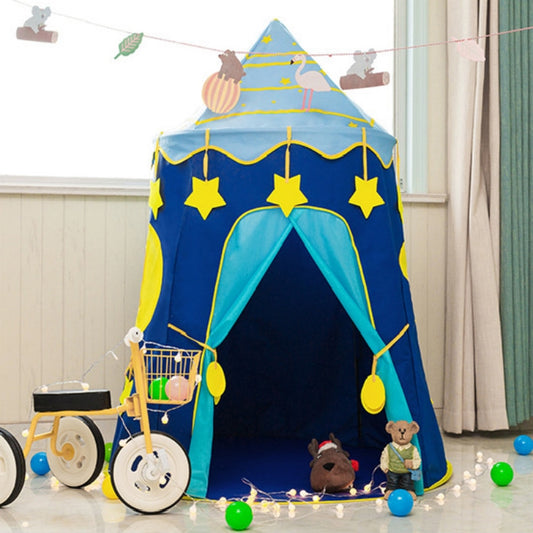 Blue kids play yurt tent with star roof, arched doorway, and hanging yellow balls