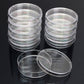 Sterile polystyrene Petri dishes, clear plastic stacks in two groups