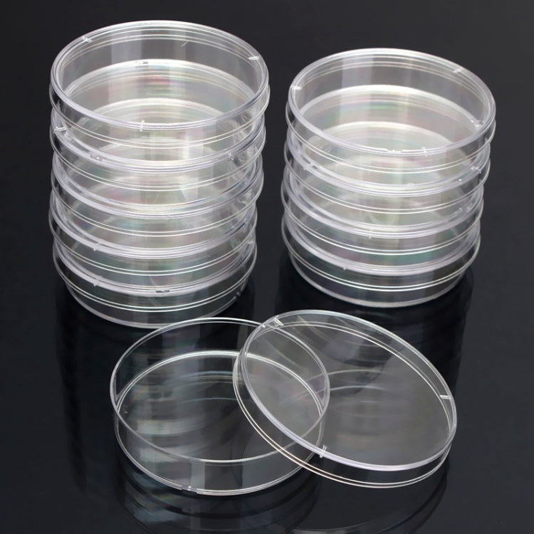 Sterile polystyrene Petri dishes, clear plastic stacks in two groups