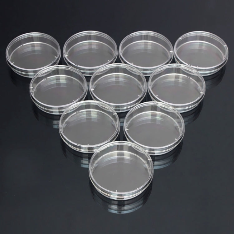 Sterile polystyrene Petri dishes, 10-pack arranged in two rows