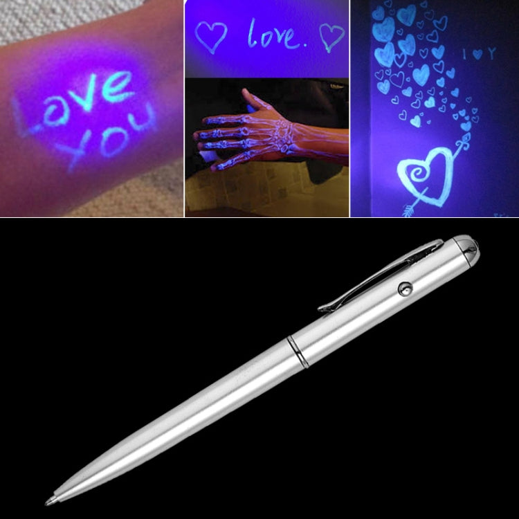 Invisible ink writing glowing purple under UV light, hearts and “love” text visible