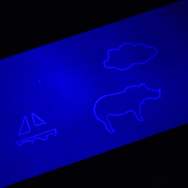 Blue UV-visible invisible-ink doodles, including numbers, heart, and cloud shapes