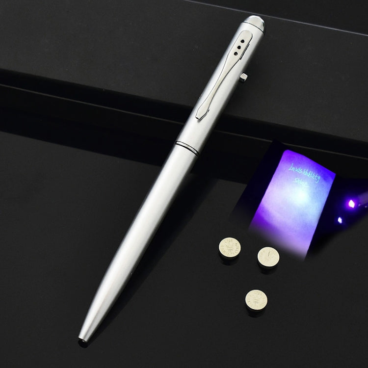 White-silver LED UV invisible-ink pen with UV light card and coins shown