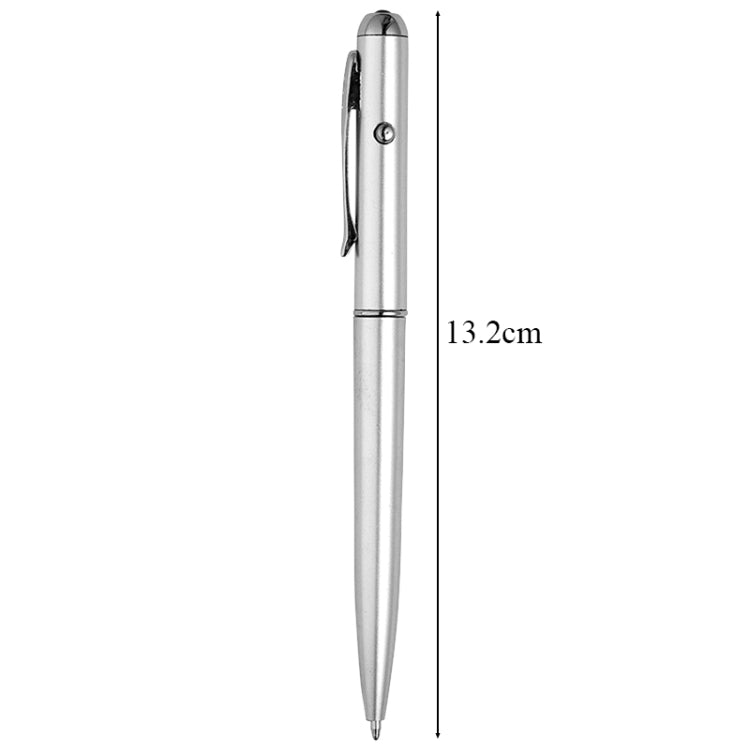 Silver LED UV invisible-ink ballpoint pen, 13.2 cm height measurement shown
