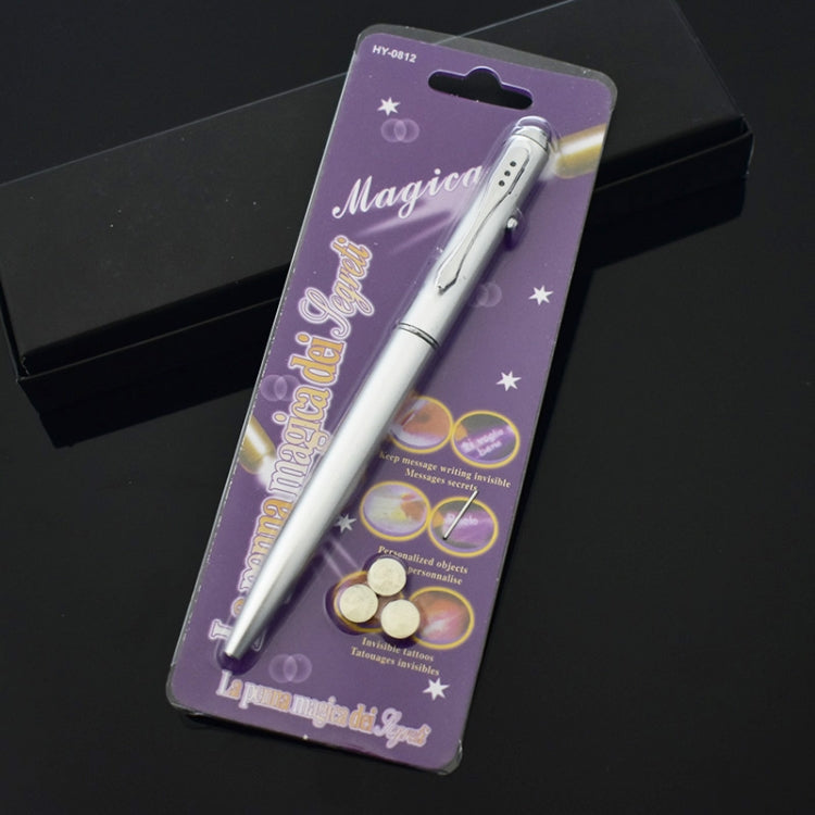 Blister-pack LED UV invisible-ink pen labeled “Magica” with included cap pieces