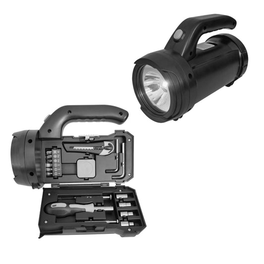 Portable 17-in-1 work flashlight tool set with open case and assorted tools