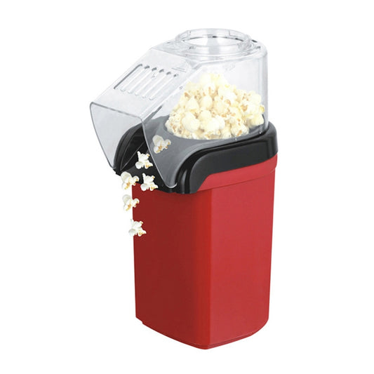 Compact red electric popcorn maker with clear dome lid and black heating outlet