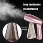 Rose-pink mini handheld garment steamer with MAX/MIN water level indicator panel