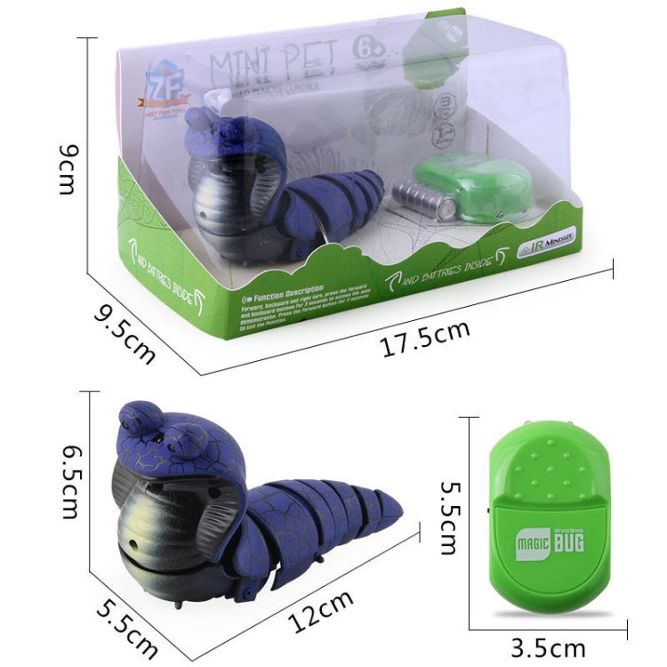 Purple cobra remote-control toy set with green infrared remote and product box dimensions.