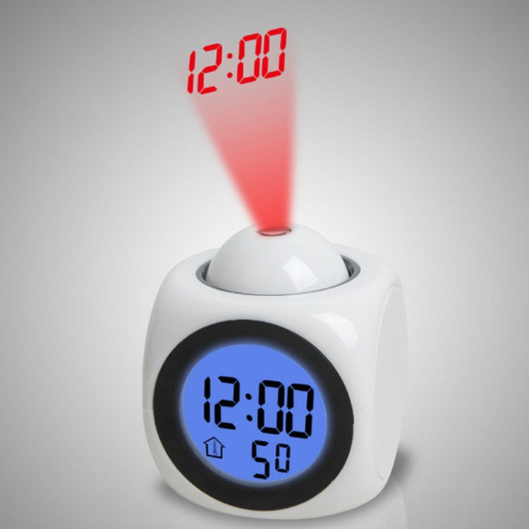White LED projection alarm clock with blue time and “:50” display, red projection beam