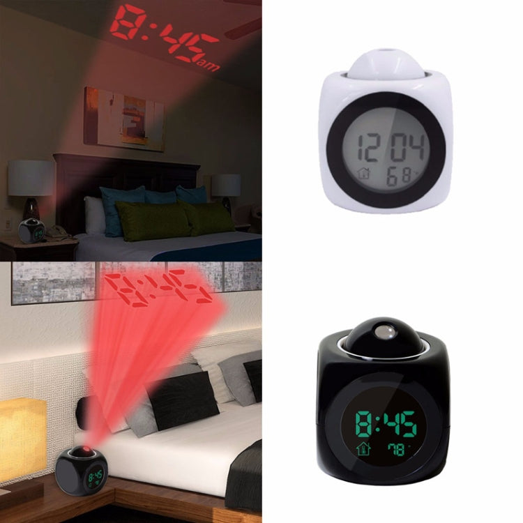 White and black LED projection alarm clocks showing time on round display and red projection