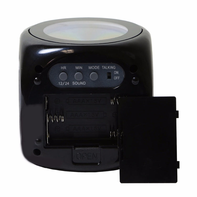 Black LED projection alarm clock rear view with battery compartment open