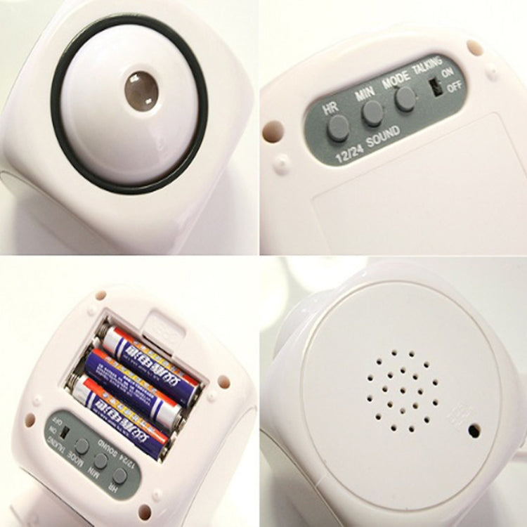 White LED projection alarm clock close-ups: top speaker and rear controls with battery bay