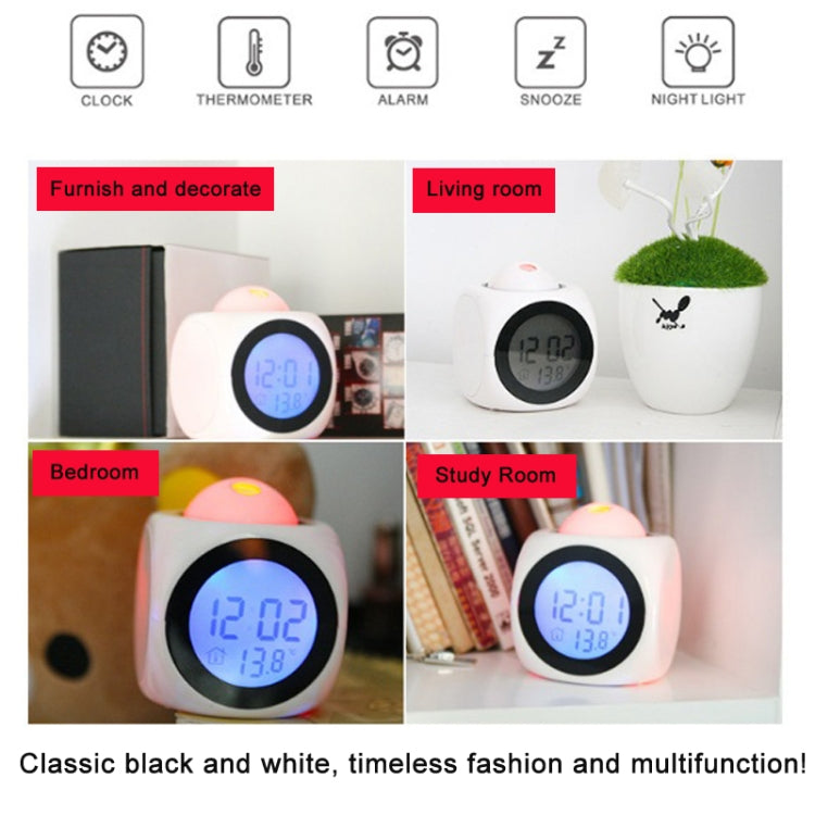 White LED projection alarm clock shown in multiple room setups