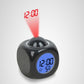Black LED projection alarm clock with blue time display and red projection beam