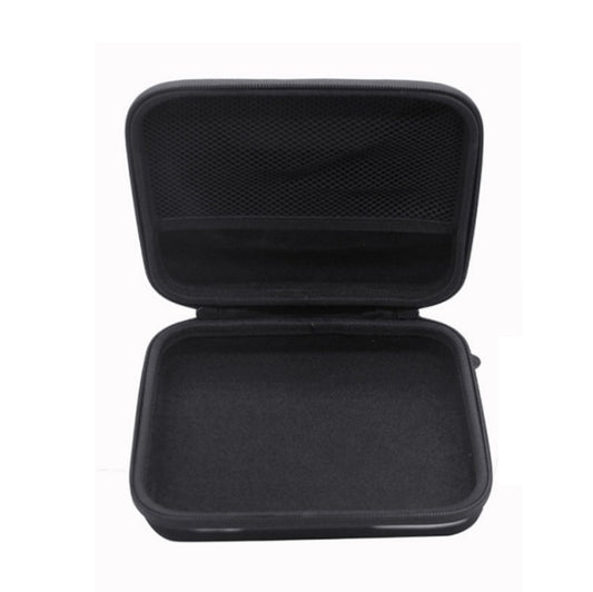 Black hard-shell storage bag with open clamshell lid and padded interior
