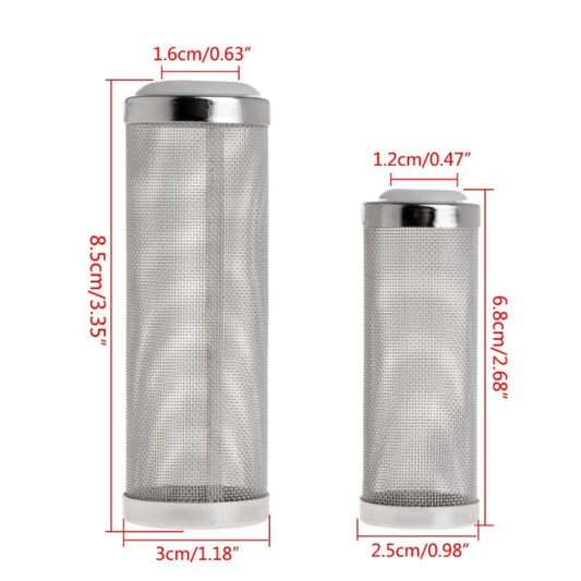 Stainless steel mesh water inlet protective cover with size diagram, silver finish