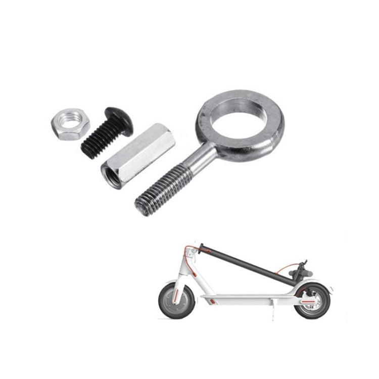Scooter axle locking screw pull ring assembly, silver ring with two mounting screws