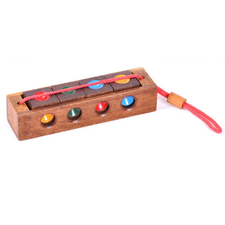 Wooden cube block chess tray with colored pegs and red carry string