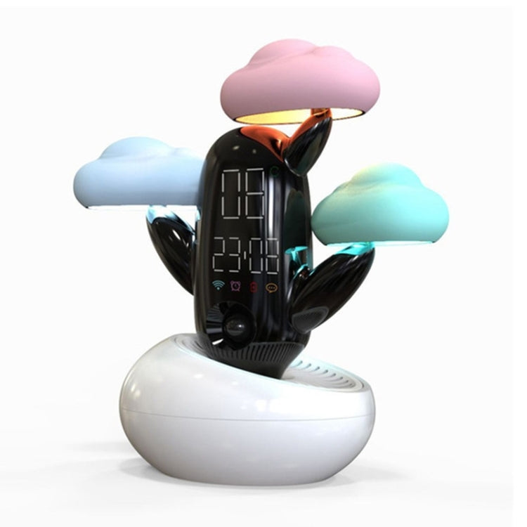 Cloud-themed smart alarm clock with white base, pink top, and teal cloud lights