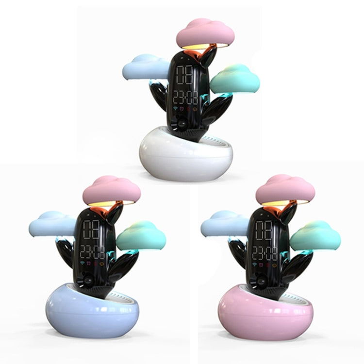 Set of cloud-themed smart alarm clocks in white, blue, and pink with cloud light tops