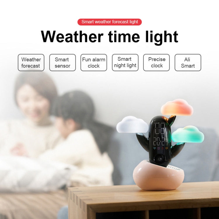 Child wake-up alarm clock with cloud weather forecast light, digital panel, and pastel cloud shapes