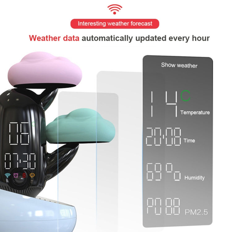 Cloud-themed smart alarm clock with digital display showing temperature, time, humidity