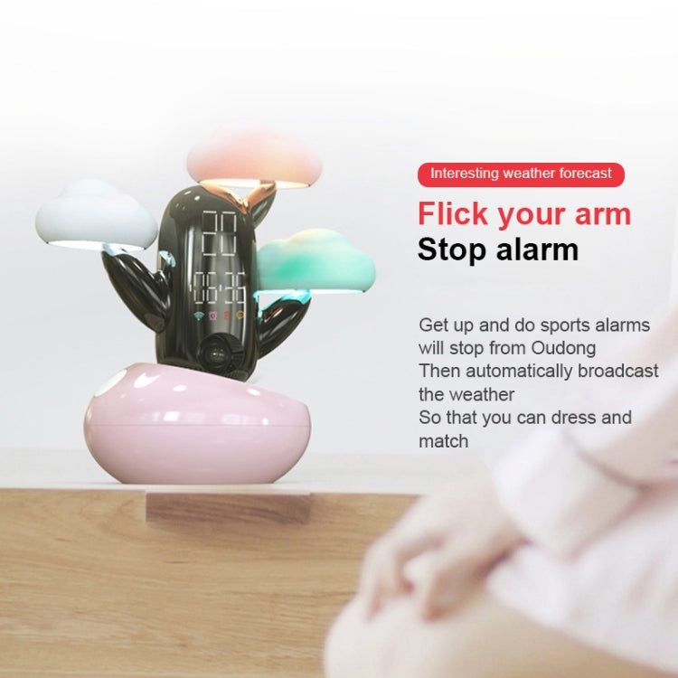 Cloud-themed smart alarm clock with white base and pink cloud top, lit display
