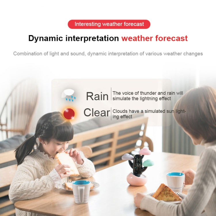 Cloud-themed smart alarm clock held in a room, with clouds and lit digital display