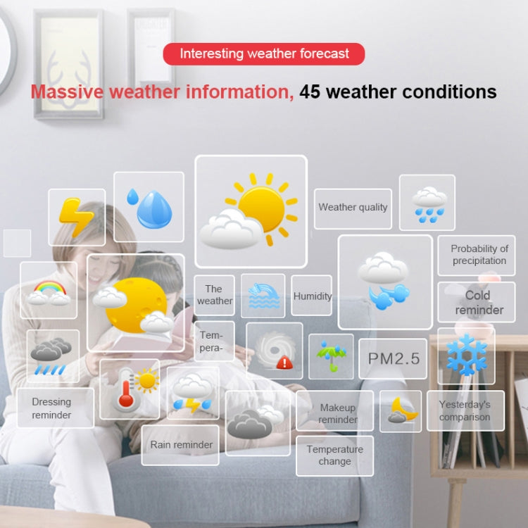 Cloud-themed smart alarm clock interface with icons for weather, humidity, and PM2.5