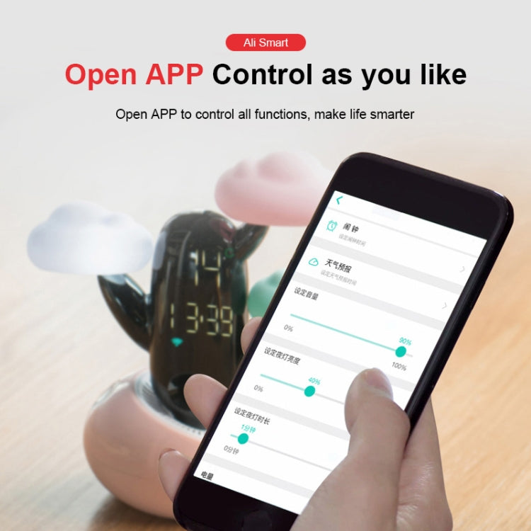 Smart alarm clock controlled via app on a phone, cloud-shaped device with display