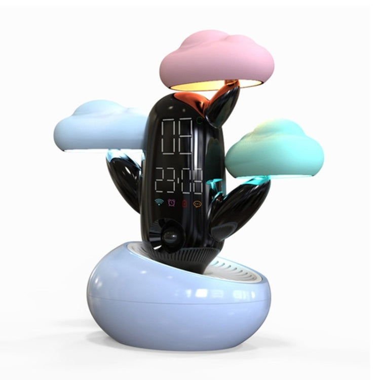 Child wake-up alarm clock with cloud weather light, glowing clouds, digital display on light blue base