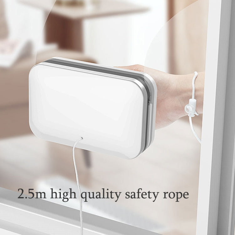 Double-sided magnetic window wiper with safety rope, gray-and-white rectangular cleaner head