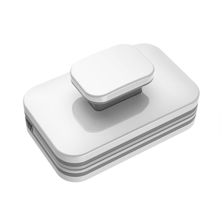 Double-sided magnetic window wiper, rectangular white and gray, side view of twin cleaning plates