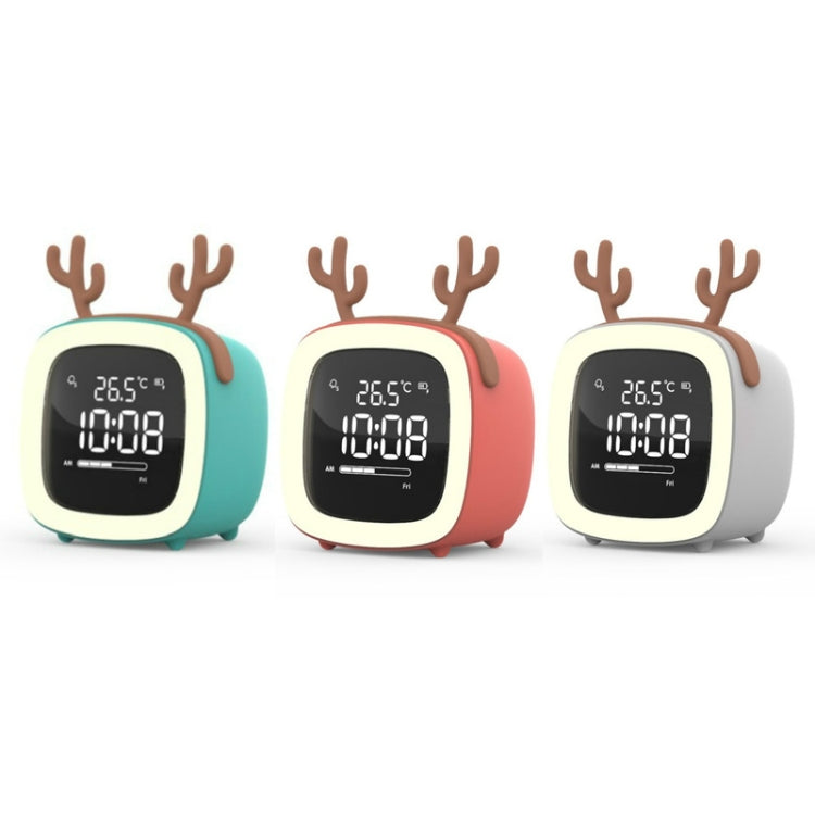Deer-shaped LED alarm clock set: teal, coral red, and gray colors with glowing display