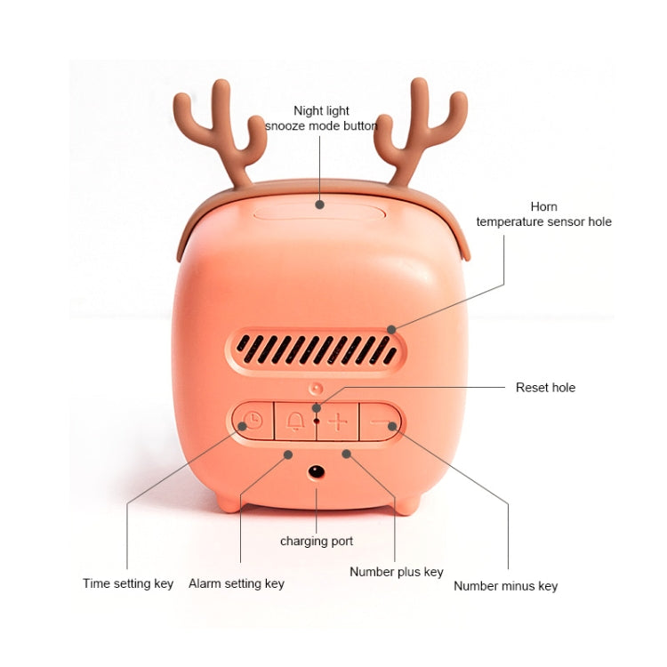 Coral red deer-shaped LED alarm clock back view with speaker vents and charging port